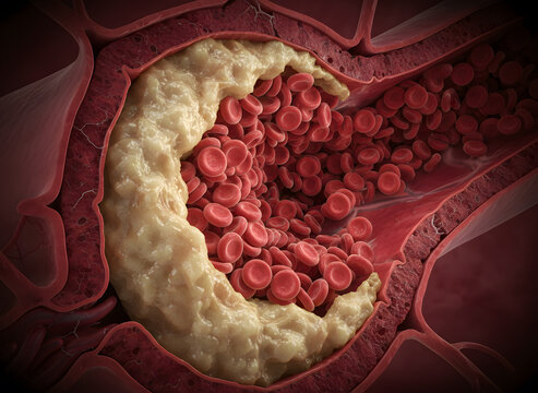 Atherosclerosis Cross Section 3D Illustration Showing Cholesterol Plaque Buildup Blocking Artery with Red Blood Cells