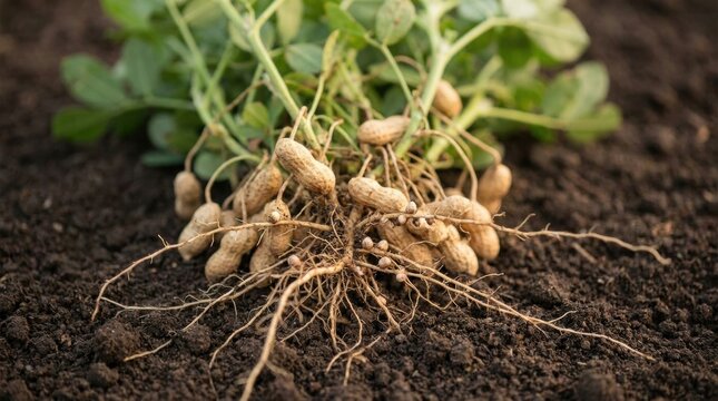 Harvested peanut plant image showing clustered pods, tangled roots and dark loose soil, close agricultural still life with natural groundnut texture, fresh crop detail and farm harvest concept