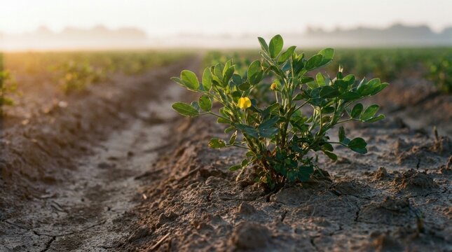 Single peanut plant image growing on dry field ridge between furrow lines, low sunrise perspective with green leaves, rough soil clods, distant crop rows and early season farming atmosphere study