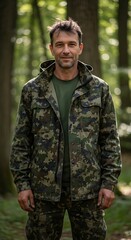 Obraz premium Man in camouflage jacket stands outdoors in a forest environment