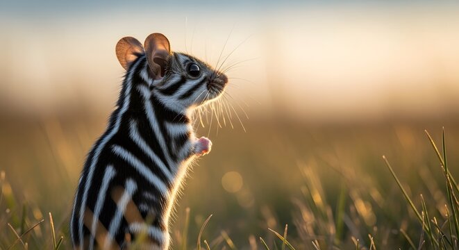 Zebra mouse standing in grassy field with soft backlit sunlight