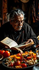 Obraz premium Elderly woman selecting fresh vegetables at market stall.