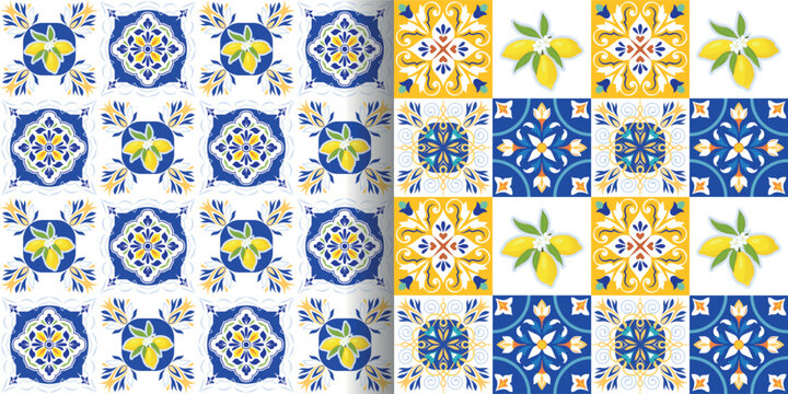A set of ethnic seamless patterns, tile collection featuring traditional Mediterranean majolica style. Vector ceramic mosaic background with fresh yellow lemons, citrus and floral ornaments.