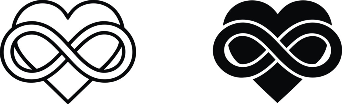 Infinity heart symbol vector set, eternal love icon in black and white, minimalist polyamory and endless friendship logo for wedding stationery