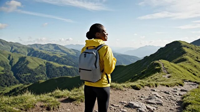 Woman with backpack enjoying mountain view on sunny day