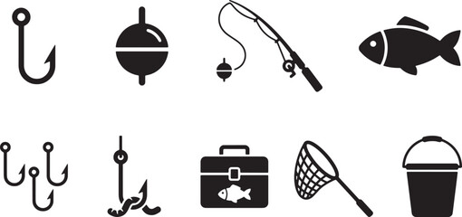 Fishing equipment and tackle solid black icon set © Open Expression