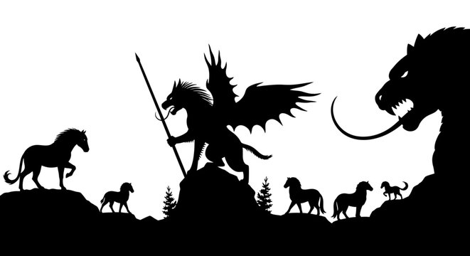 Dramatic fantasy silhouette of a winged mythical beast defending sheep and a horse from a menacing monster in a dark landscape.