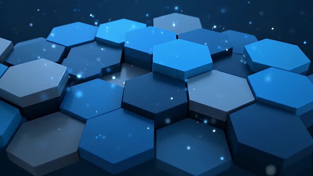 blue hexagonal abstract background with glowing particles and 3d geometric structure