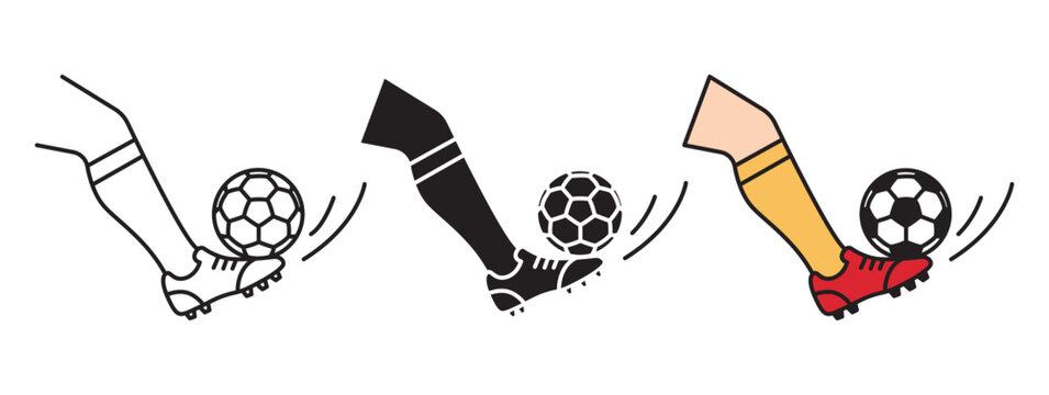 Vector set of football kick icons in outline, solid, and flat color styles. Soccer player hitting a ball with motion lines. Minimalist sports symbols with editable stroke.