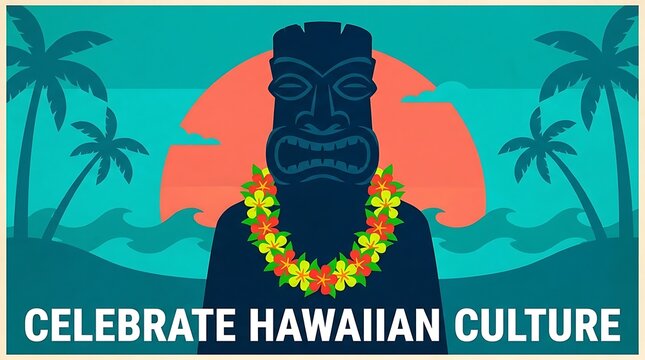 "Celebrate Hawaiian Culture" is written over a flat vector of a Hawaiian lei draped over the silhouette of a statue