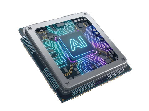 Futuristic AI microchip with glowing digital circuit and neon interface on transparent background