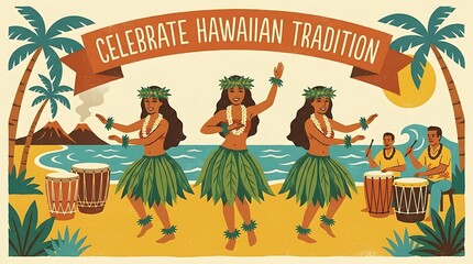 Obraz premium Vector illustration of Hawaiian dancers and drums, text “Celebrate Hawaiian Tradition”