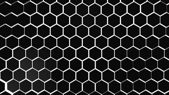 Monochrome hexagon segments break away and displace over a stark white background in a corporate 3D animation loop for abstract tech presentations