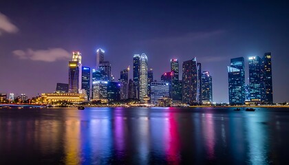 Fototapeta premium A city skyline at night with colorful lights reflecting on water