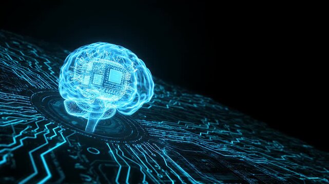 Artificial intelligence digital brain glowing on a complex blue circuit board concept