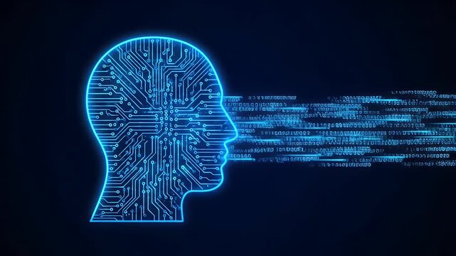 Artificial intelligence head with circuit board pattern and digital data stream flow.