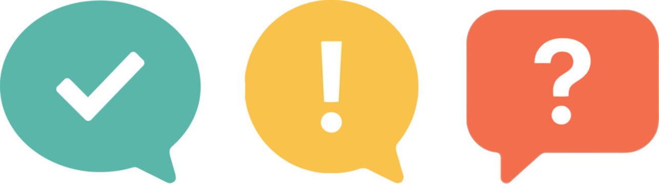 Colorful speech bubble icons representing check mark exclamation point and question mark