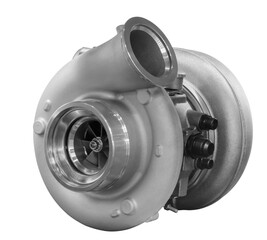 Isolated Metallic turbocharger component appears in the image. Silver cylindrical body features central turbine wheel. Inlet exhaust ports are visible on housing, industrial background © Aleksandr Matveev