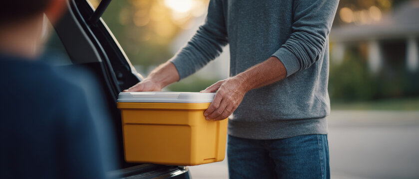 Person loading yellow cooler into car trunk