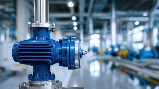 Industrial blue electric motor pump installed in a modern factory setting with blurred background highlighting machinery and production equipment