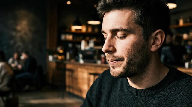Close up of a young man raising a mug to sip coffee under stylized hard light, modern lifestyle portrait with dramatic shadows, warm beverage mood and editorial contrast, realistic skin and ceramic