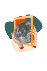 Obraz premium Vertical photo collage of artist hands hold wooden picture frame moonlight planet space concept universe isolated on painted background
