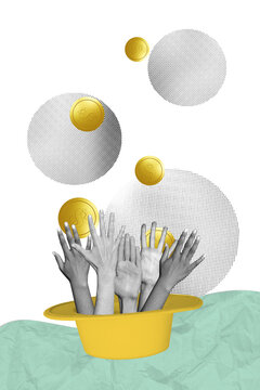 Vertical poster collage hands body fragments dollar golden coins money finance economy wealth catch take headwear cap drawing background