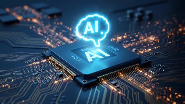 ai processor chip with a glowing brain icon on a high tech digital circuit board bg.