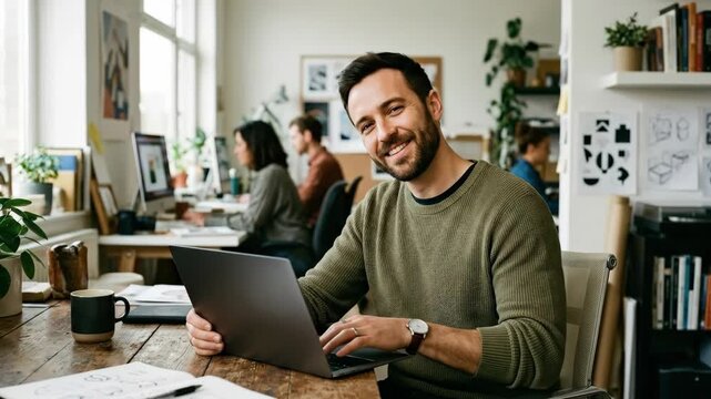 Portrait of a smiling man with a laptop in a design studio, modern creative professional concept with friendly expression, casual workspace and authentic film inspired atmosphere, natural light,