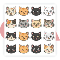 Fototapeta premium Funny Cat Face Expression Vector – Cute Cartoon Kitten Emoji Style Illustration Isolated on White Background
