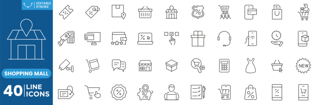 Shopping Mall Web Icons in Line Style Editable Stroke Vector Set for Ecommerce Store Retail Market Online Shopping Cart Payment Delivery Discount Coupon Customer Service and Marketplace UI Design