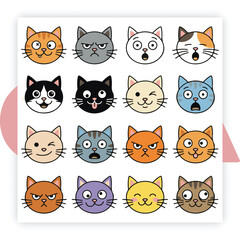 Fototapeta premium Funny Cat Face Expression Vector – Cute Cartoon Kitten Emoji Style Illustration Isolated on White Background