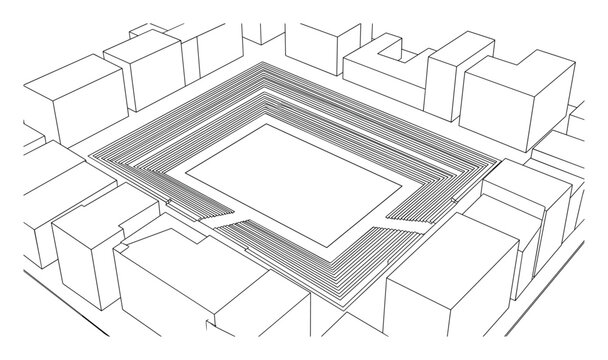 Architectural wireframe sketch of urban stadium city layout
