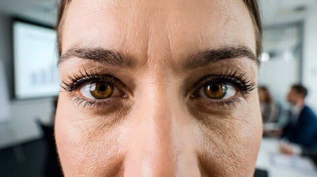 Close up of a woman eyes frowning with intense concentration during a corporate meeting