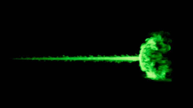 Green laser beam flying through smoke cloud animation on a black background for sci fi and action video game projects