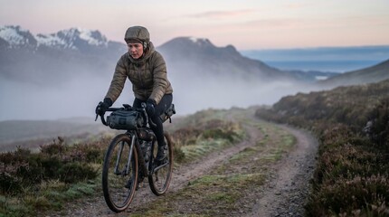 Fototapeta premium World Bicycle Day, Adventurous female cyclist embarks on a challenging gravel road journey through a misty mountainous landscape at dawn, showcasing endurance and a love for outdoor exploration