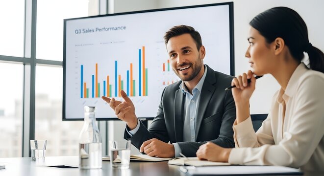 Smiling businessman presenting Q3 sales performance chart to a female colleague in the boardroom
