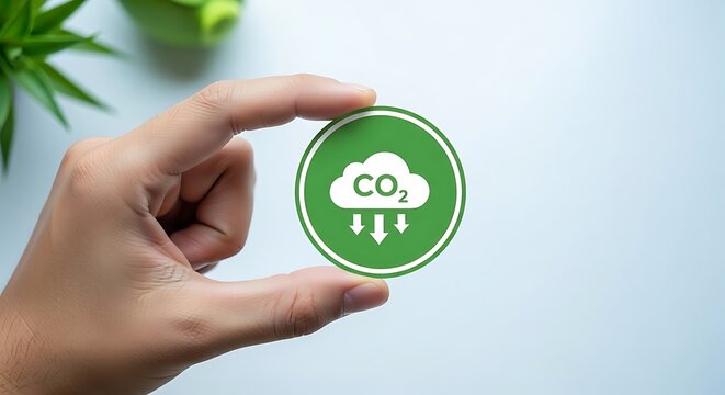 Hand holding green circle with C O2 cloud and downward arrows symbol carbon dioxide emission reduction