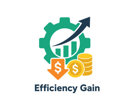 A visual icon representing business efficiency with a gear, rising chart, and money savings