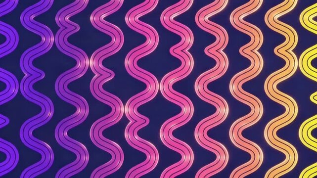 Abstract retro seamless pattern with colorful neon wavy lines on dark blue.