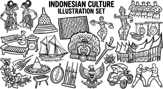 Indonesian Culture Black and White Line Art Illustration Set. Traditional Symbols, Icons, and Doodle Elements representing Indonesia's heritage.