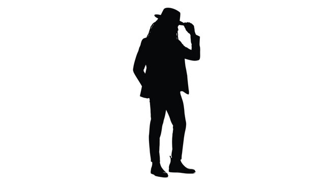 Stylish man with dreadlocks wearing a fedora hat poses confidently in this high contrast silhouette photograph