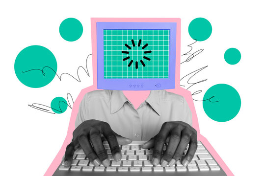 Composite photo collage of american girl instead head computer monitor screen loading icon type keyboard isolated on painted background