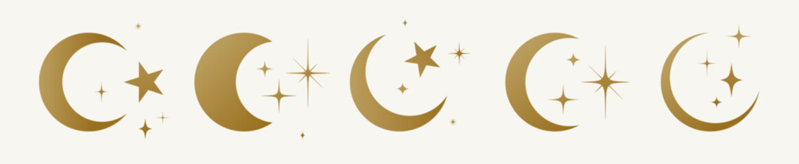 Moon with stars set. Half moon, crescent with star, night sky background. Half moon symbol, graphic elements, light star shapes graphic, boho witch mystic crescent icon collection. Vector Illustration © foxysgraphic