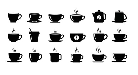 Fototapeta premium Set of black coffee cups and teapots icons isolated on a white background, representing various hot beverages for cafes and restaurants