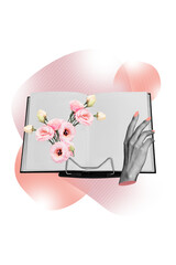 Obraz premium Trendy vertical creative image collage of hands show book imagination eustoma flower bloom magazine herbarium art plant