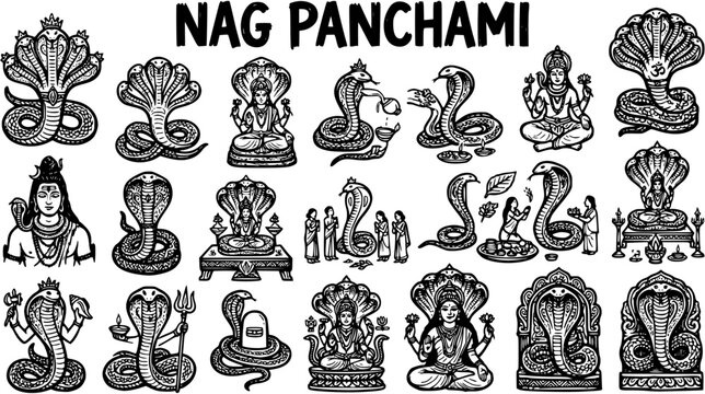 Hindu Festival Nag Panchami Black  White Line Art Illustration Set with Cobras, Deities, and Traditional Rituals