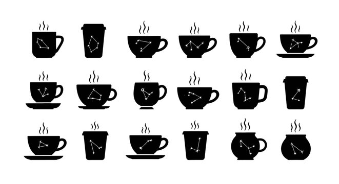 Set of coffee cup icons featuring constellation patterns inside for astrology and astronomy themed graphic design projects modern vector illustration artwork