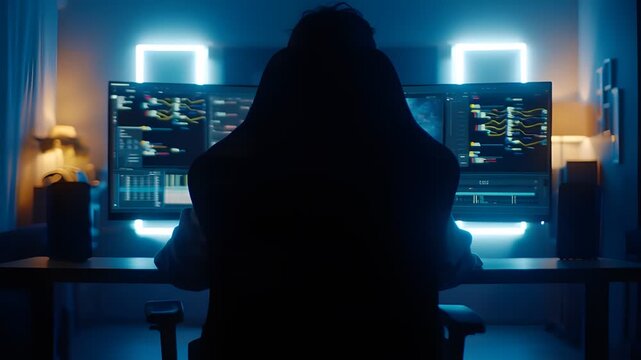 Hacker working on computer at night in dark room