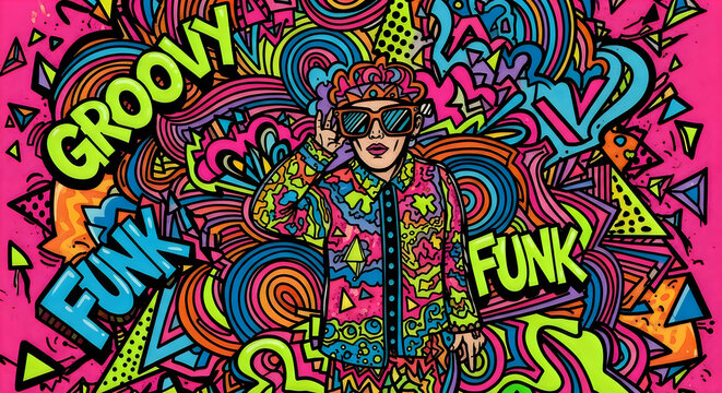 Groovy Funk Pop Art Illustration with Colorful Graffiti Character and Typography